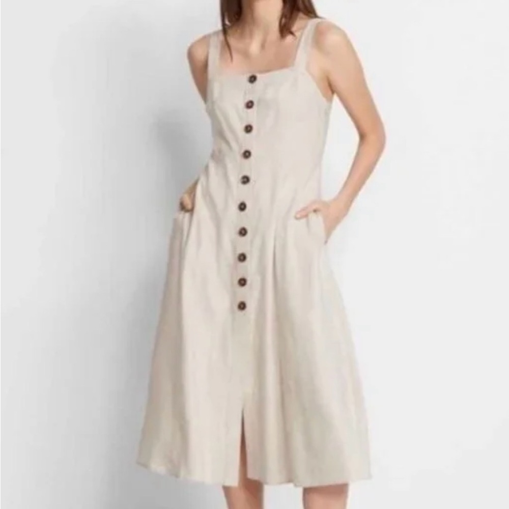 Club Monaco Piqua Linen Midi Dress in Natural with Tortoise Buttons Size 00